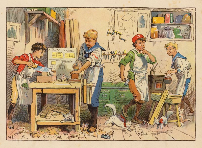 Pikkutyöläiset: Puuseppä (värilitografia). tekijältä Evelyn Stuart Hardy