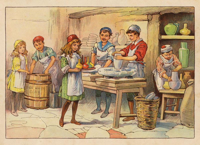 Pikkutyöläiset: Potters (värilitografia) tekijältä Evelyn Stuart Hardy