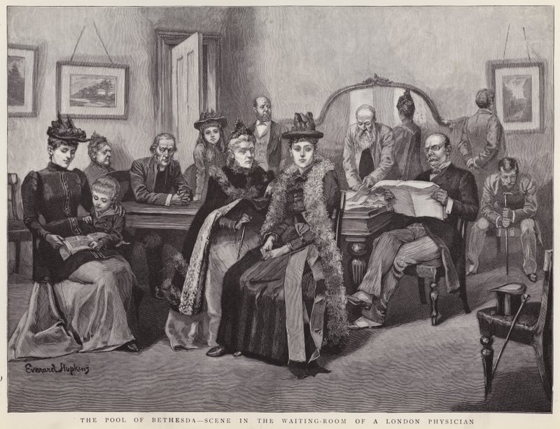 Bethesdan allas - kohtaus Lontoon lääkärin odotushuoneessa (litho) tekijältä Everard Hopkins