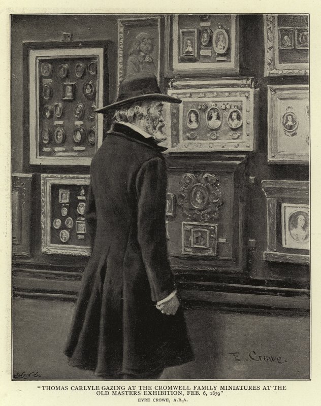 Thomas Carlyle katselemassa Cromwellin perheen miniatyyrejä vanhojen mestareiden näyttelyssä, 6. helmikuuta 1879 tekijältä Eyre Crowe