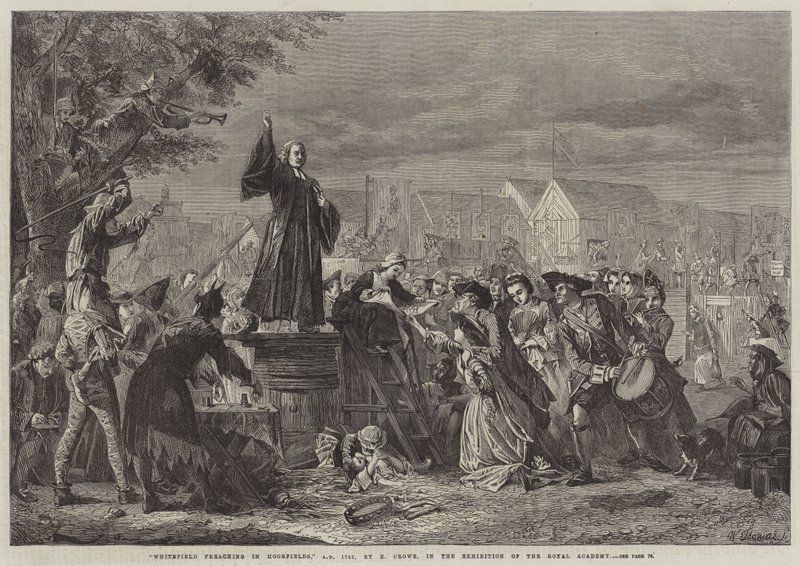 Whitefield saarnaa Moorfieldsissä vuonna 1742 tekijältä Eyre Crowe