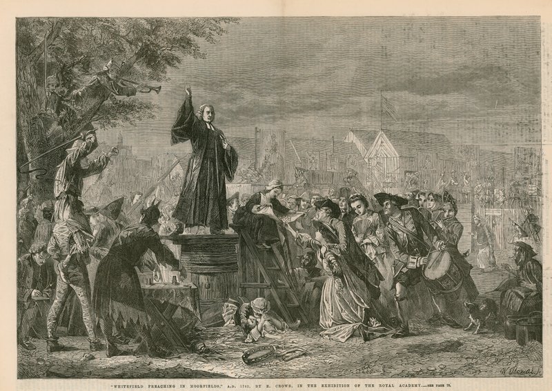 George Whitefield saarnaa Moorfieldsissä, AD 1742 - Royal Academyn näyttelyssä (kaiverrus) tekijältä Eyre Crowe