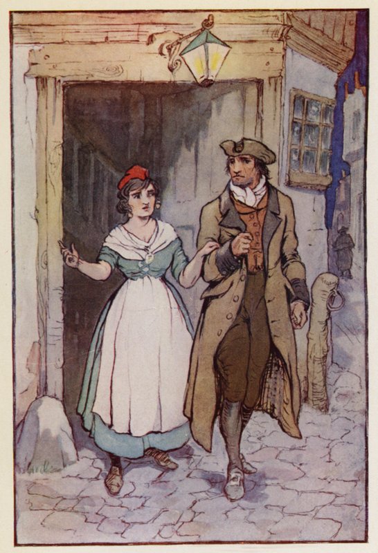 Kuvitus Charles Dickensin kirjaan A Tale of Two Cities (värilitro). tekijältä F. M. B. Blaikie
