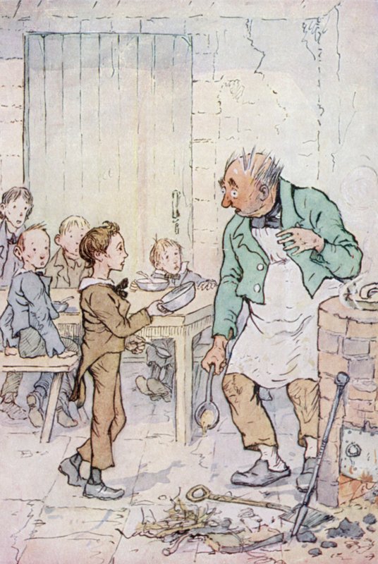 Kuvitus Oliver Twistille (väri litho) tekijältä F. M. B. Blaikie