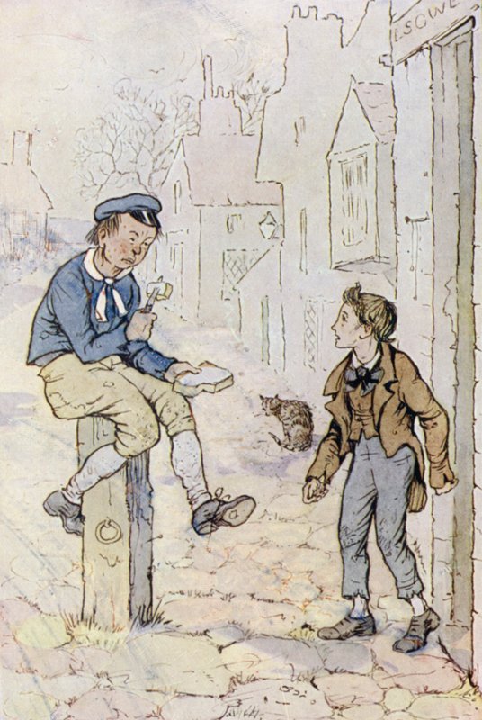 Kuvitus Oliver Twistille (väri litho) tekijältä F. M. B. Blaikie