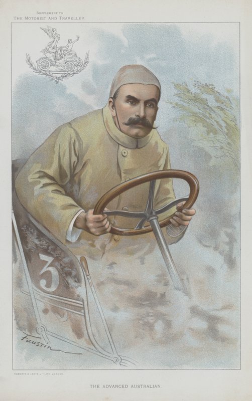 Selwyn Edge, australialaissyntyinen brittiläinen kilpa-ajaja (chromolitho) tekijältä Faustin