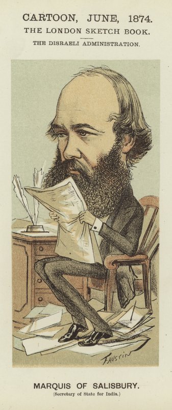 Salisburyn markiisin karikatyyri (värinen lito) tekijältä Faustin (b.1847)