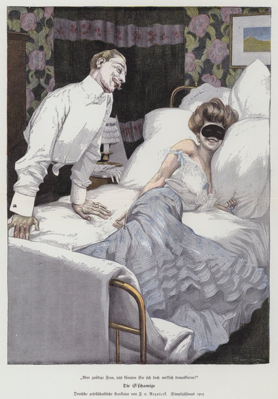 Mies puhuu naamioituneen naisen kanssa sängyssä, 1905 tekijältä Ferdinand von Reznicek