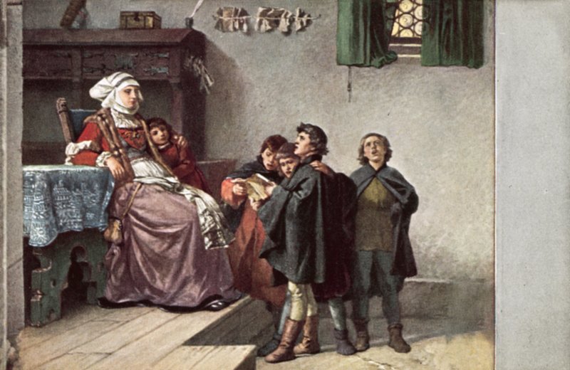 Martin Luther lauloi Frau Cottalle opiskellessaan Eisenachissa Saksassa, 1499 tekijältä Ferdinand Wilhelm Pauwels