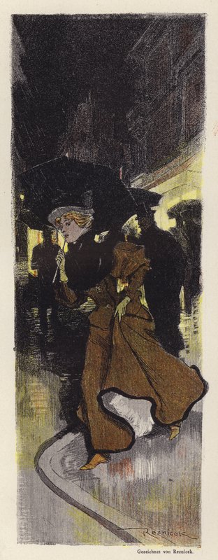 Nainen kävelee sateisella kadulla yöllä (väri litho) tekijältä Ferdinand von Reznicek