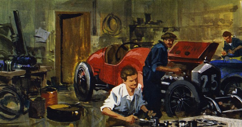 Juan-Manuel Fangio oli kilpa-ajaja Viggianon oppipoika (värilitra). tekijältä Ferdinando Tacconi