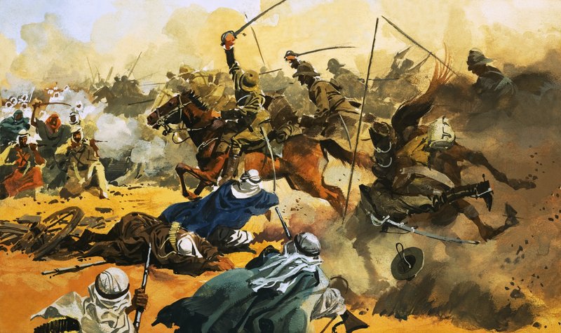 21st Lancers johtaa taistelua arabien Omdurmanin linnaketta vastaan vuonna 1897. tekijältä Ferdinando Tacconi