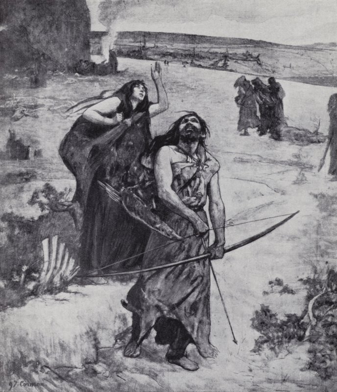 Jääkauden mies oppii metsästämään jousella ja nuolella (litho) tekijältä Fernand (after) Cormon