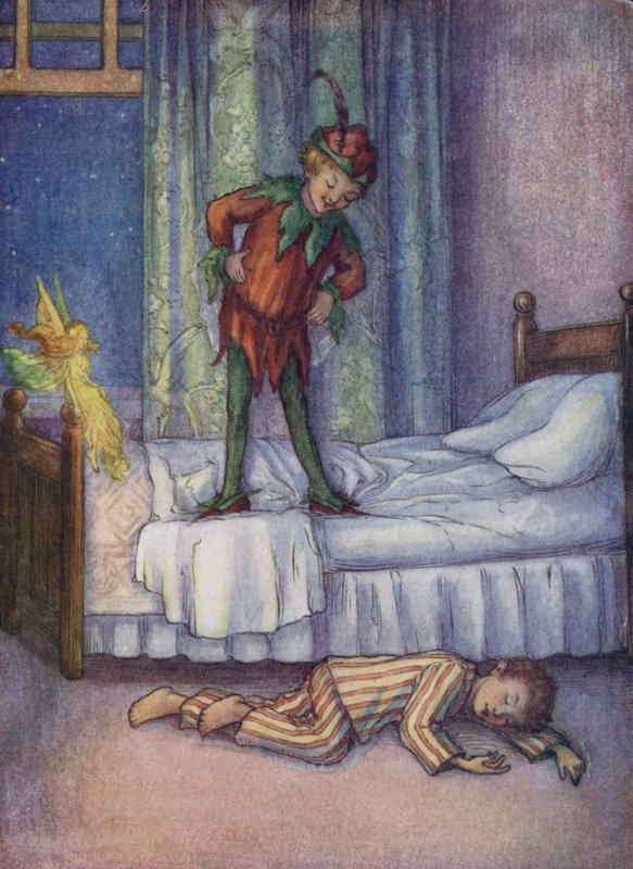 John Darling, jonka Peter Pan potkaisi vitsin vuoksi ulos (värilitografia). tekijältä Flora White