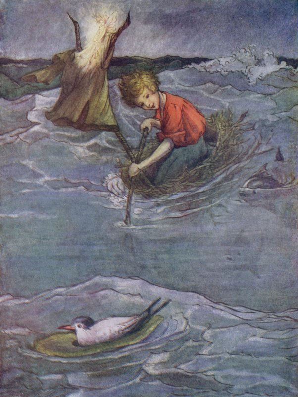 Pesä, jonka Never-Bird sanoi vaihtavansa veneeseen (värilitografia). tekijältä Flora White