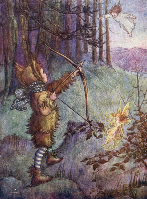 Tootles ampuu Wendyä (värillinen litografia) tekijältä Flora White