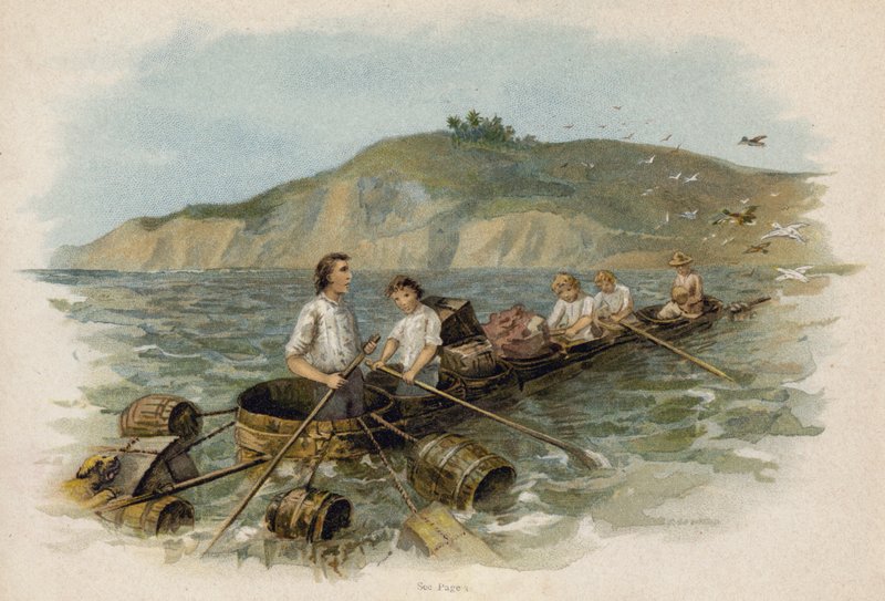 Kohtaus elokuvasta The Swiss Family Robinson: lähestyy maata ammeveneessä (chromolitho) tekijältä Florence Maplestone