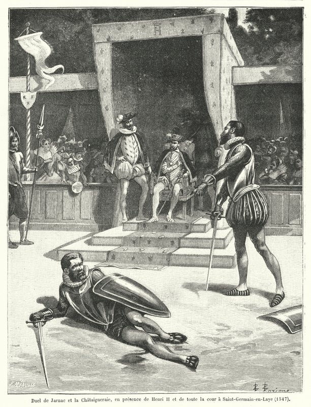 Kaksintaistelu Guy Cabot de Jarnacin ja Francois de Vivonnen, Seigneur de la Chataigneraien välillä Ranskan kuninkaan Henrik II:n ja koko hänen hovinsa edessä St Germain-en-Layessa tekijältä Fortune Louis Meaulle