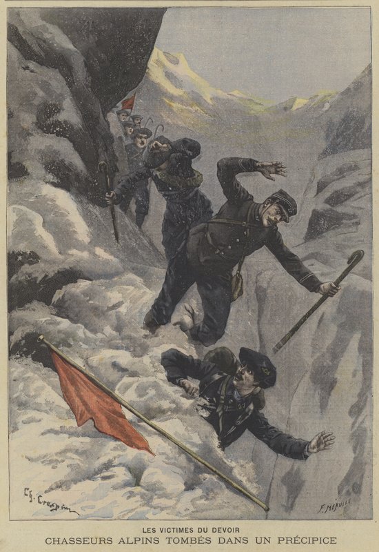 Ranskalaiset Chasseurs Alpinsin vuoristojoukot putoavat jyrkänteen yli tekijältä Fortune Louis Meaulle