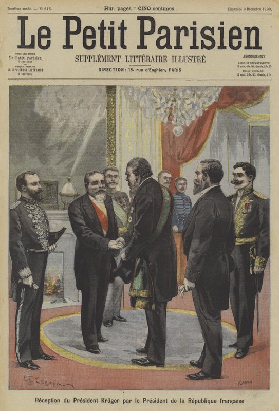 Ranskan presidentti Emile Loubet vastaanottaa Transvaalin entisen presidentin Paul Krugerin tekijältä Fortune Louis Meaulle