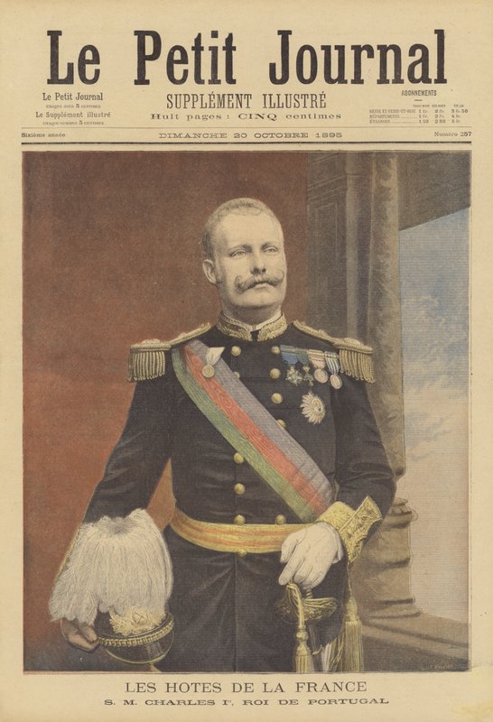 Kuninkaalliset vierailijat Ranskaan: Carlos I, Portugalin kuningas (värilitho) tekijältä Fortune Louis Meaulle