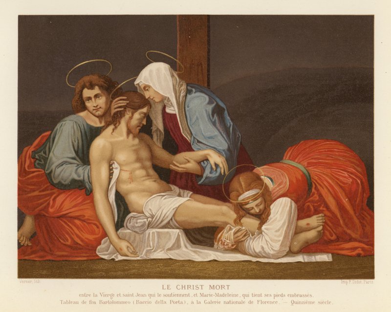 Jeesuksen Kristuksen laskeutuminen ristiltä (chromolitho) tekijältä Fra Bartolommeo