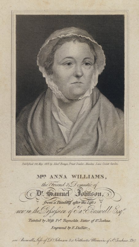 Anna Williams, walesilainen runoilija ja englantilaisen kirjailijan Samuel Johnsonin ystävä (kaiverrus) tekijältä Frances (after) Reynolds