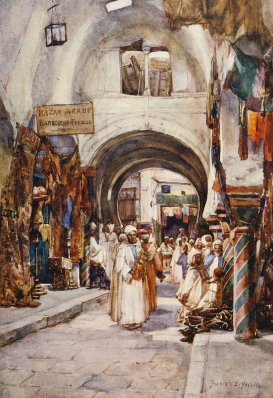 Souk des Etoffes, Tunis (värilitografia) tekijältä Frances Nesbitt
