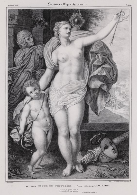 Ranskan kuninkaan Henrik II:n rakastajattaren Diane de Poitiersin allegorinen maalaus (litho) tekijältä Francesco Primaticcio