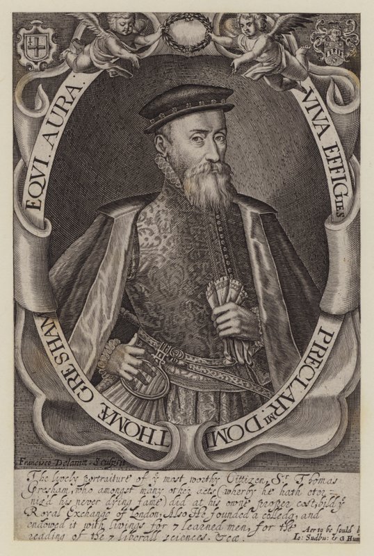 Sir Thomas Gresham, englantilainen kauppias ja rahoittaja, Royal Exchangen perustaja (kaiverrus) tekijältä Francis (after) Delaram