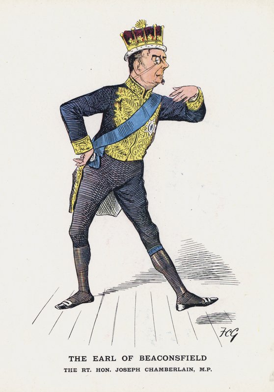 Earl of Beaconsfield, Rt Hon Joseph Chamberlain (väri litho) tekijältä Francis Carruthers Gould