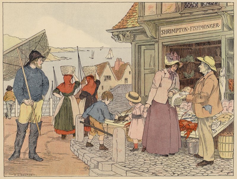 Bedfordin kauppojen kirja: Fishmonger (värilitografia). tekijältä Francis Donkin Bedford