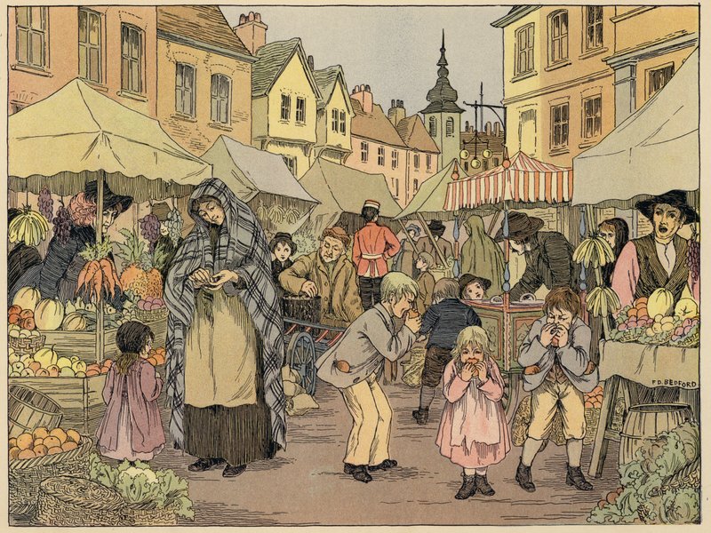 Bedfordin kauppojen kirja: Hedelmäpuodit (värilitografia) tekijältä Francis Donkin Bedford