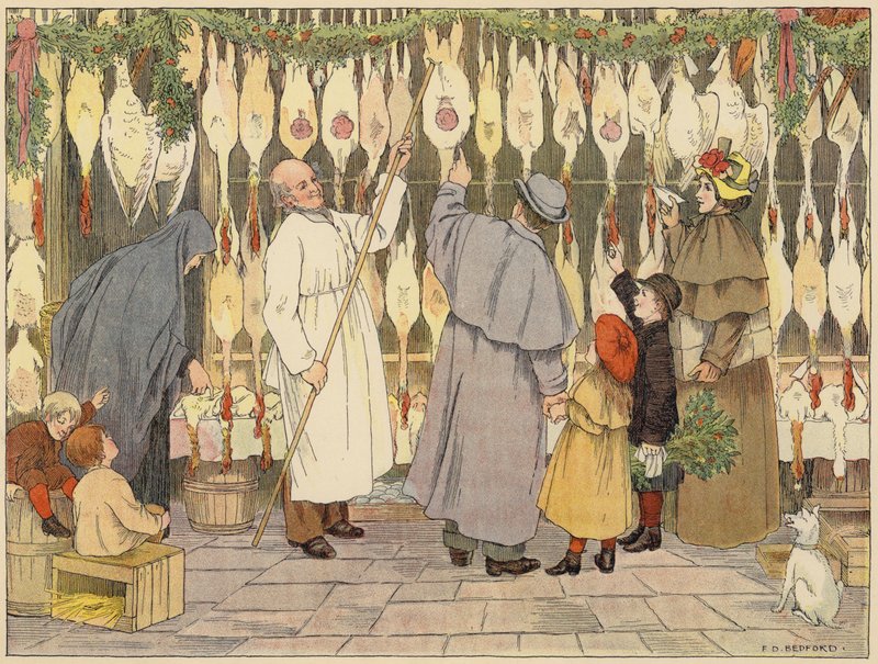 Bedfordin kauppojen kirja: Poulterer (värilitografia). tekijältä Francis Donkin Bedford