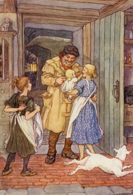 Charles Dickensin The Cricket on the Hearth -teoksen kuvitus (värilitografia). tekijältä Francis Donkin Bedford
