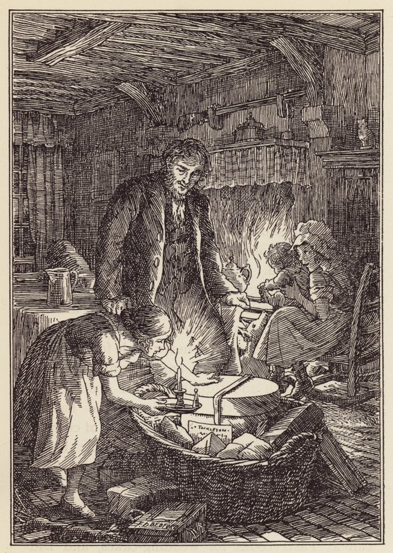 Charles Dickensin The Cricket on the Hearth -teoksen kuvitus (värilitografia). tekijältä Francis Donkin Bedford