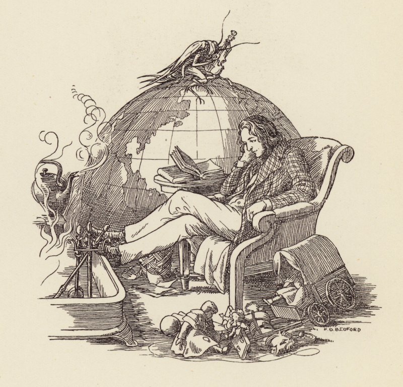 Charles Dickensin The Cricket on the Hearth -teoksen kuvitus (värilitografia). tekijältä Francis Donkin Bedford