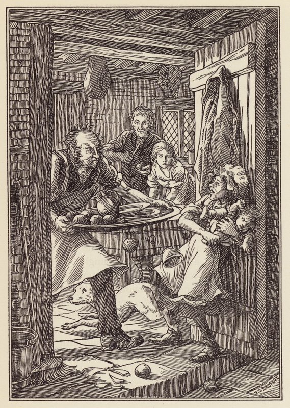 Charles Dickensin The Cricket on the Hearth -teoksen kuvitus (värilitografia). tekijältä Francis Donkin Bedford
