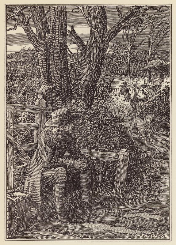 Charles Dickensin The Cricket on the Hearth -teoksen kuvitus (värilitografia). tekijältä Francis Donkin Bedford