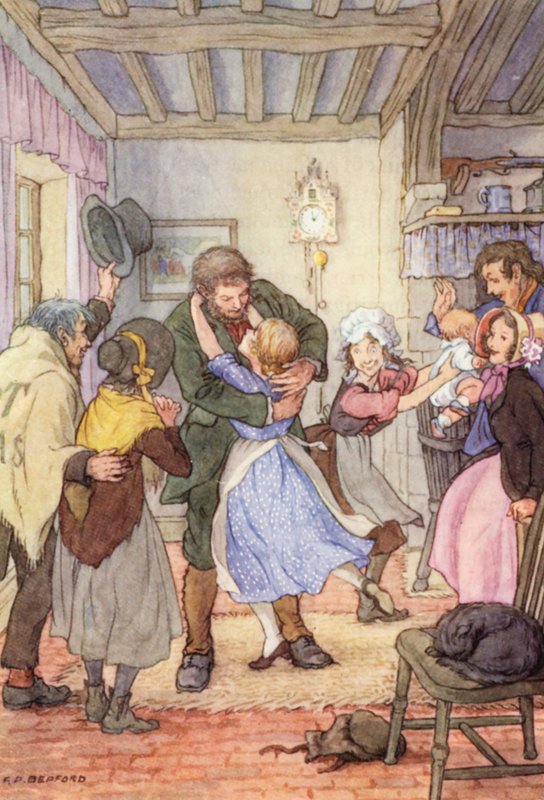 Charles Dickensin The Cricket on the Hearth -teoksen kuvitus (värilitografia). tekijältä Francis Donkin Bedford