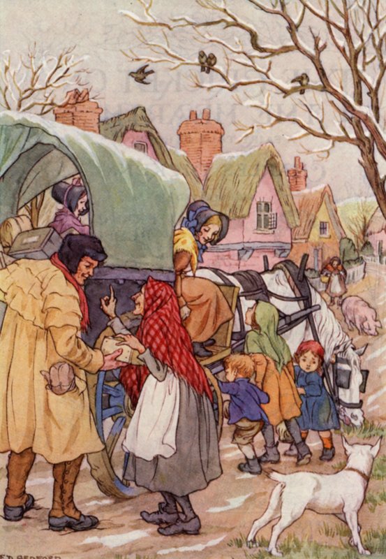 Charles Dickensin The Cricket on the Hearth -teoksen kuvitus (värilitografia). tekijältä Francis Donkin Bedford