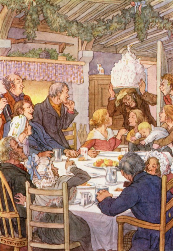 Charles Dickensin The Cricket on the Hearth -teoksen kuvitus (värilitografia). tekijältä Francis Donkin Bedford
