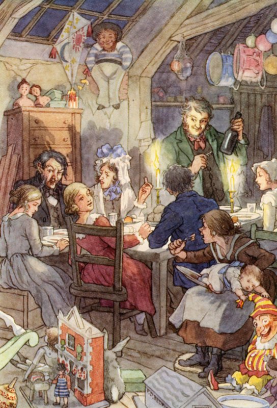 Charles Dickensin The Cricket on the Hearth -teoksen kuvitus (värilitografia). tekijältä Francis Donkin Bedford