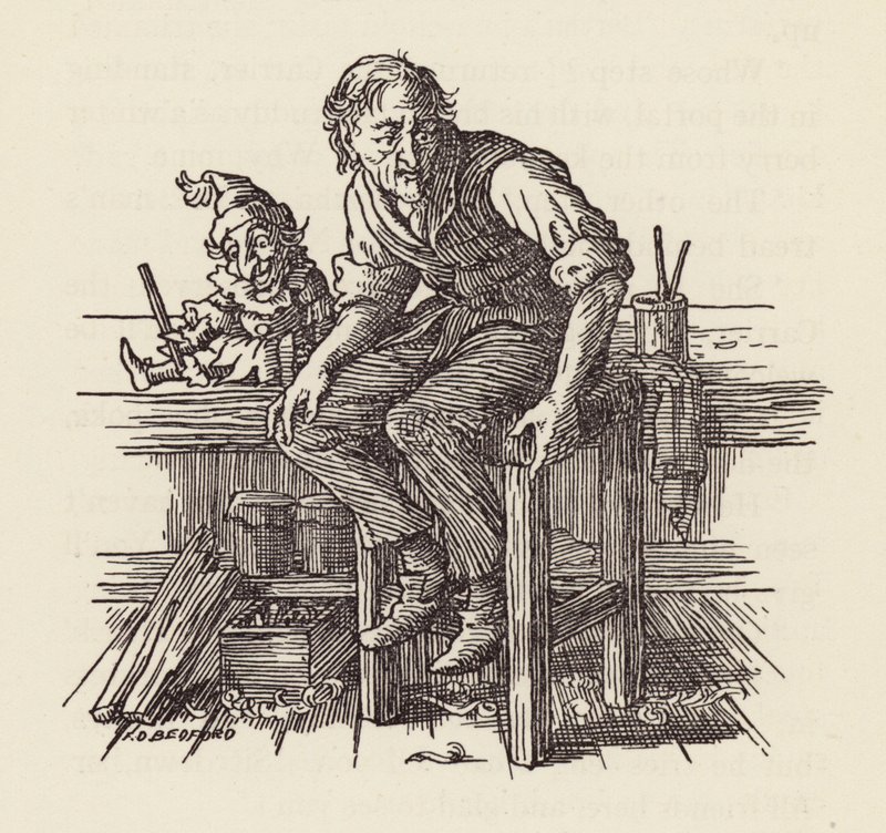 Charles Dickensin The Cricket on the Hearth -teoksen kuvitus (värilitografia). tekijältä Francis Donkin Bedford