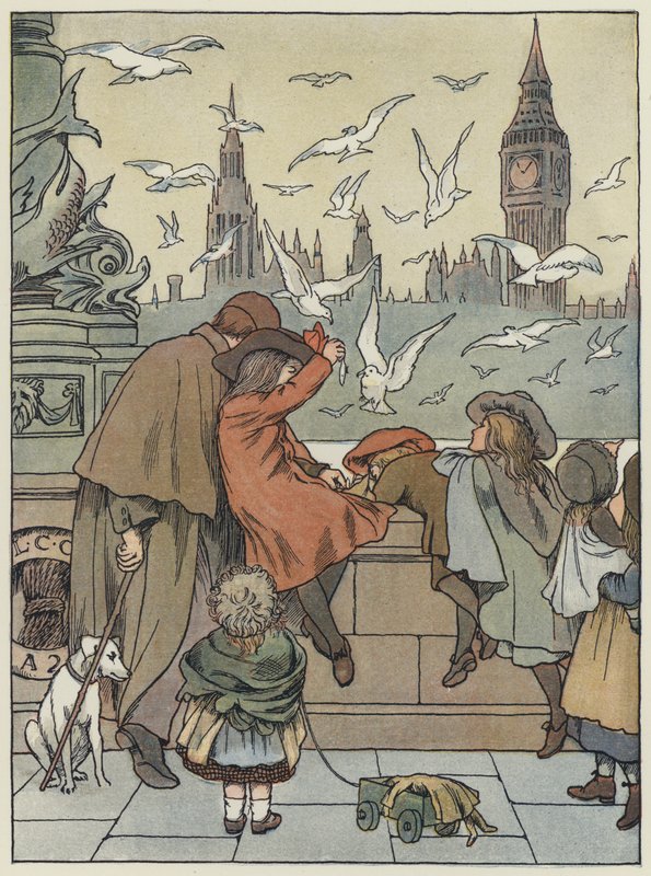 Lontoo: Feeding the Gulls (värillinen litografia). tekijältä Francis Donkin Bedford