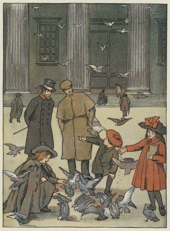 Lontoo: The Museum Pigeons (värilitografia). tekijältä Francis Donkin Bedford