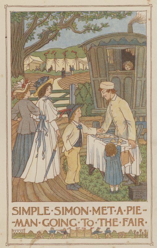 Yksinkertainen Simon tapasi piirakkamiehen, joka oli menossa messuille (värilitografia). tekijältä Francis Donkin Bedford