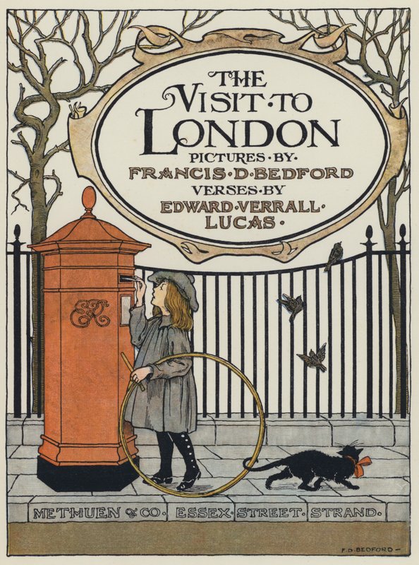 The Visit to London -teoksen nimiölehden kuvitus (värilitografia). tekijältä Francis Donkin Bedford