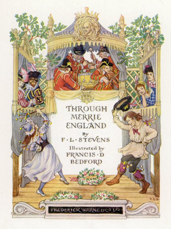 Through Merrie England -kirjan nimiölehden kuvitus (värilitografia). tekijältä Francis Donkin Bedford