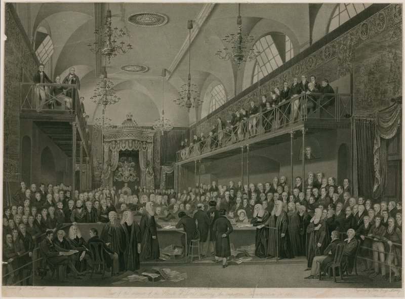 Näkymä House of Lordsin sisätiloihin tärkeän tutkimuksen aikana vuonna 1820 (kaiverrus) tekijältä Francis Phillip (after) Stephanoff